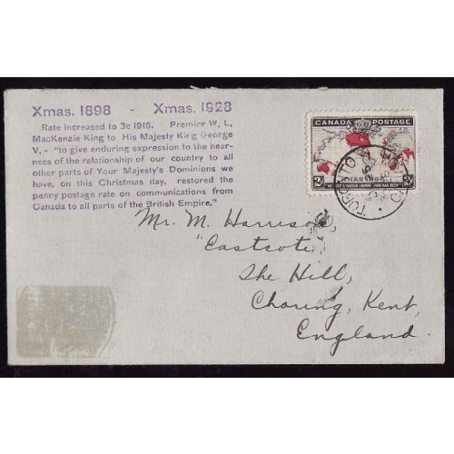 Canada-cover #13208-2c Map-Toronto Dec 25 1928 commemorating restoration