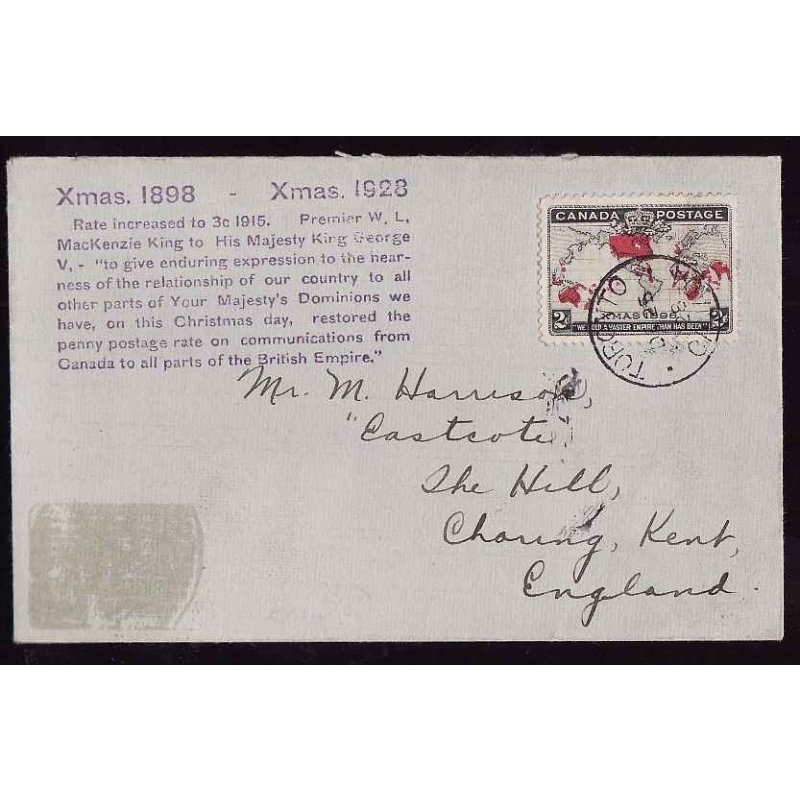 Canada-cover #13208-2c Map-Toronto Dec 25 1928 commemorating restoration