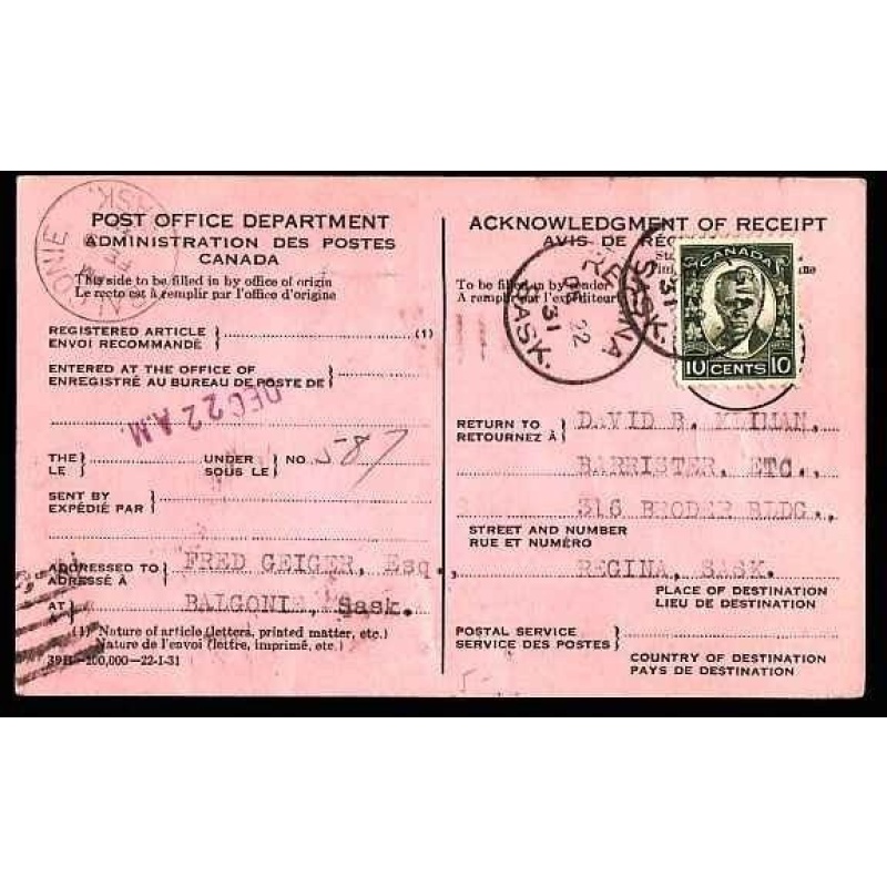 Canada-cover #12373 - 10c Cartier on AR card-Regina,Sask-De 22 1931-