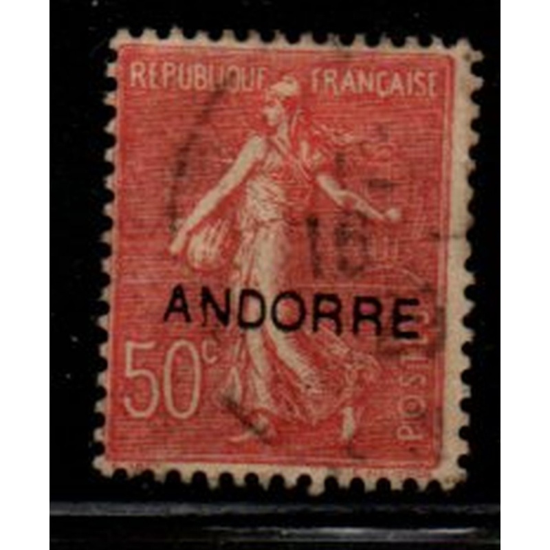 Andorra (Fr) Sc 12 1931 50c vermilion French stamp overprinted usedH