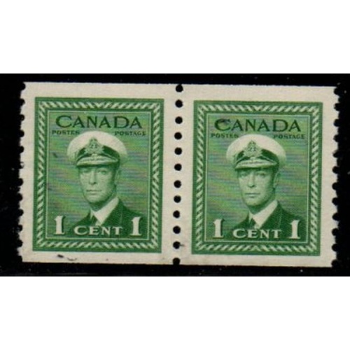 Canada Sc 263 1943 1 c green G VI coil stamp pair mint NH