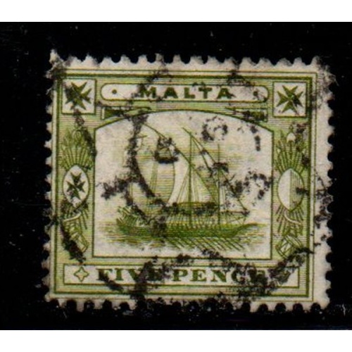 Malta Sc 45 1910 5d olive green ship stamp used