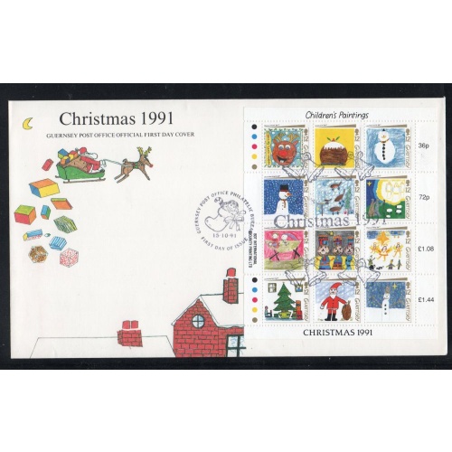Guernsey Sc 464 1991 Christmas Children's Paintings stamp sheet on FDC