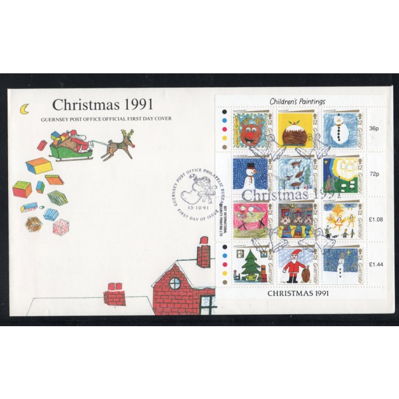 Guernsey Sc 464 1991 Christmas Children's Paintings stamp sheet on FDC