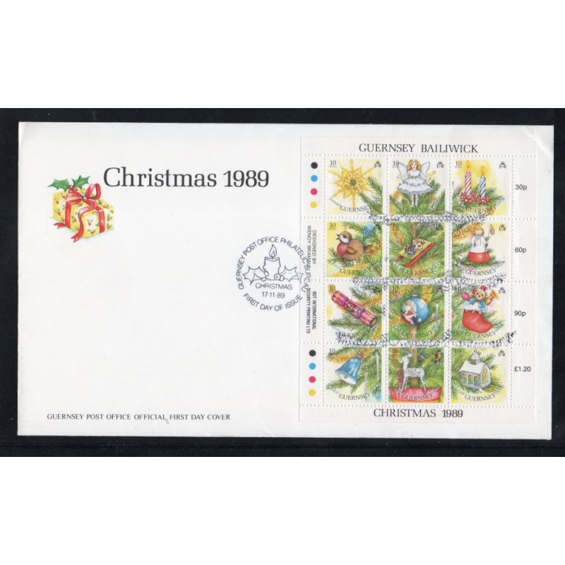 Guernsey Sc 421 1989 Christmas Decorations stamp sheet on FDC