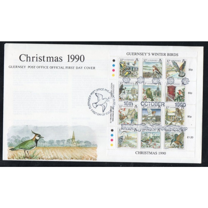 Guernsey Sc 445 1990 Christmas Winter Birds stamp sheet on FDC