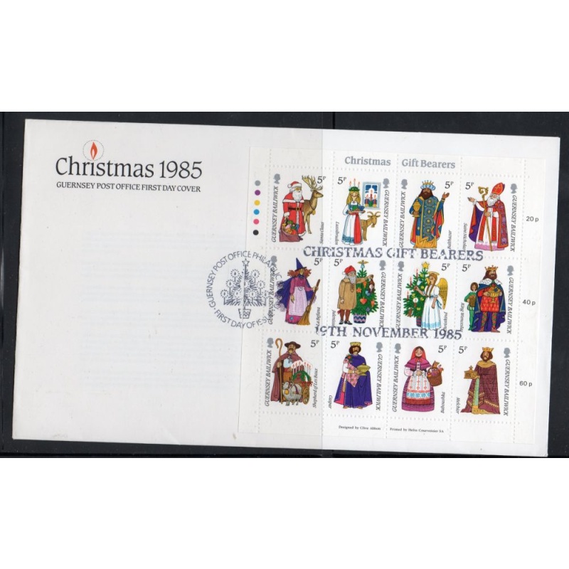 Guernsey Sc 319 1985 Christmas Gift Bearers stamp sheet on FDC