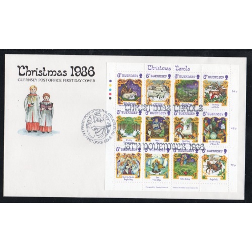 Guernsey Sc 346 1986 Christmas Carols stamp sheet on FDC