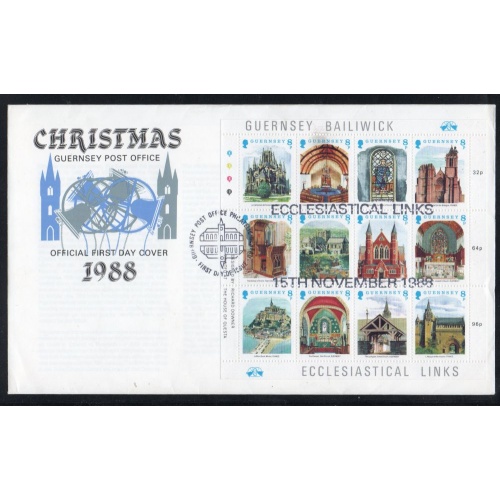 Guernsey Sc 400 1988 Christmas Churches stamp sheet on FDC