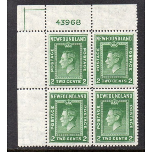 Newfoundland Sc 254 2c G VI stamp Upper Left Plate Block of 4 mint NH