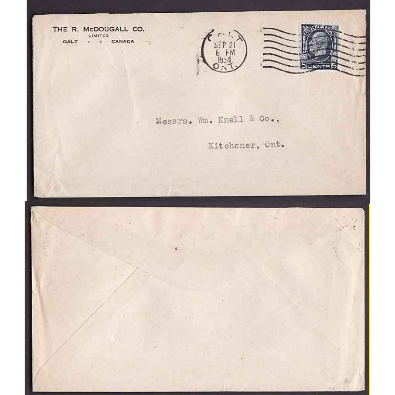 Canada-#9587 - 5c KGV medallion-Waterloo County-Galt,Ont-Sep 21 1934-