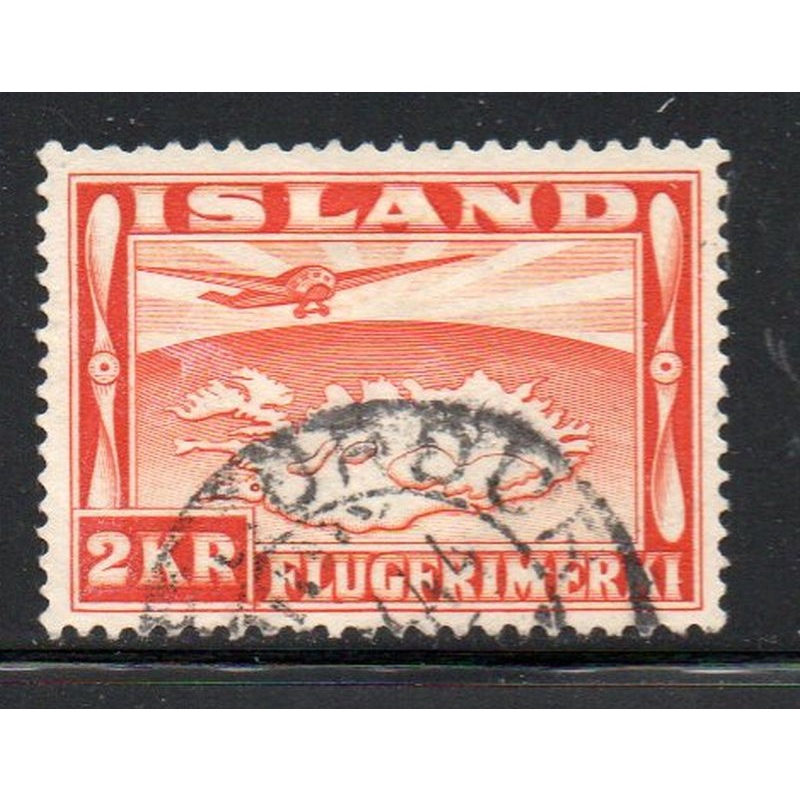 Iceland Sc C20 1934 2 kr  Plane & Map airmail stamp used