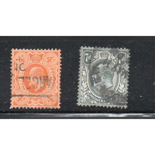 Great Britain Sc  144-45 1909-10 4d & 7d t Edward VII stamps used