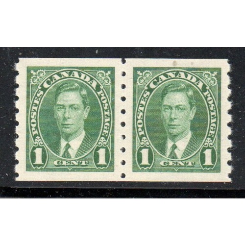 Canada Sc 238 1937 1 c green George VI coil stamp pair mint NH