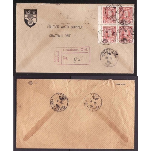 Canada-#8971-3c(CPR perfin block) KGV drop rate reg'd-Kent Cty-Chatham,Ont-Jul