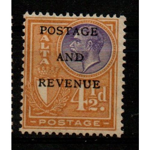 Malta Sc 158 1928 4 1/2 d yellow & violet  Postage & Revenue ovpt on George V stamp mint