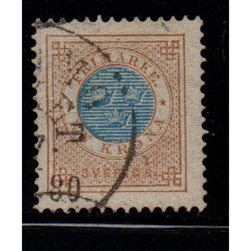 Sweden Sc 38 1878 1 kr bistre & blue numeral of value stamp used