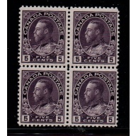 Canada Sc 112  1922 5 c violet George V Admiral stamp  block of 4  mint NH