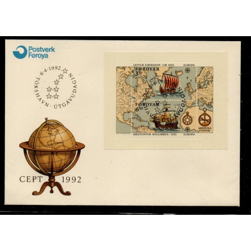 Faroe Islands Sc 238 1992 Columbus Eriksson stamp sheet on FDC