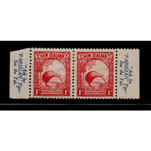 New Zealand Sc 186A 1935 1 d Kiwi 2 copies with ad labels attached mint