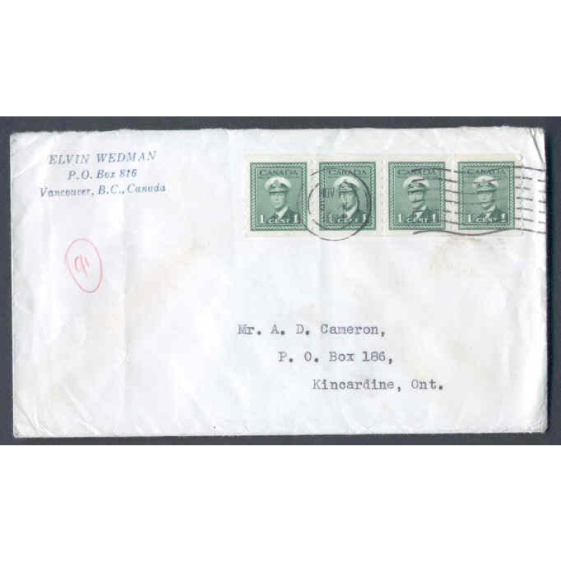 Canada-#9707-1c(4) KGVI war[ coil strip of 4 #263 ]-blackout [Vancouver , BC ]