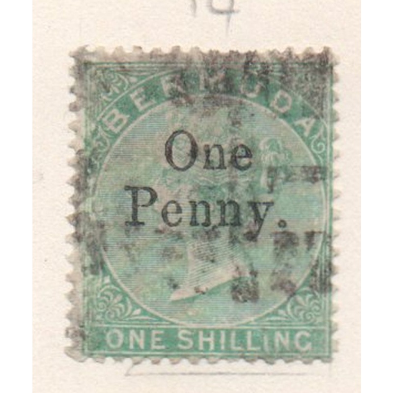 Bermuda Sc 15 1875 One Penny overprint on 1 shilling green Victoria stamp used