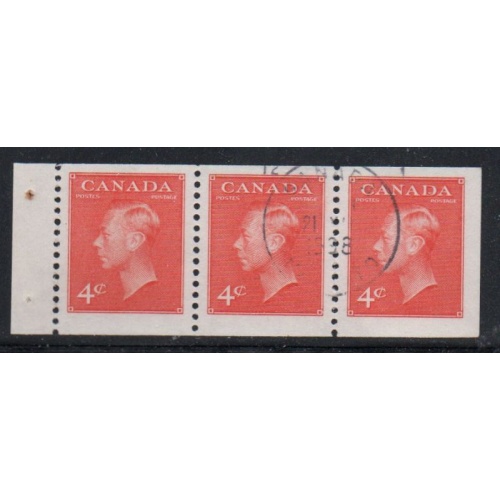 Canada Sc 306a 1951 4 c orange G VI booklet pane of  3 used