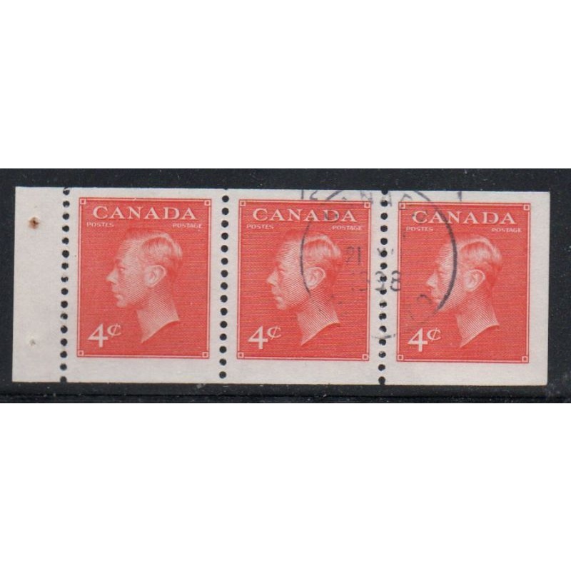 Canada Sc 306a 1951 4 c orange G VI booklet pane of  3 used