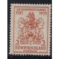 Newfoundland Sc 214 1933 3 c yellow brown Gilbert Coat of Arms stamp mint