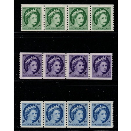 Canada Sc 345-347 1954 QE II coil strips of 4 stamp set mint NH