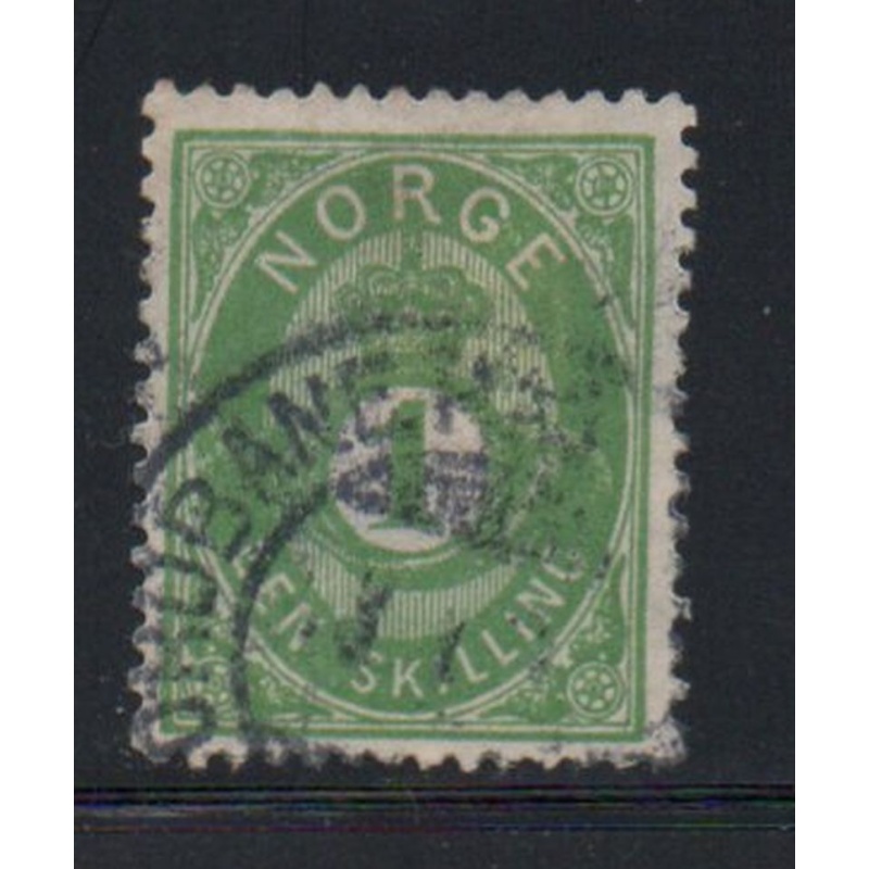 Norway Sc 16 1875 1 sk yellow green posthorn stamp used