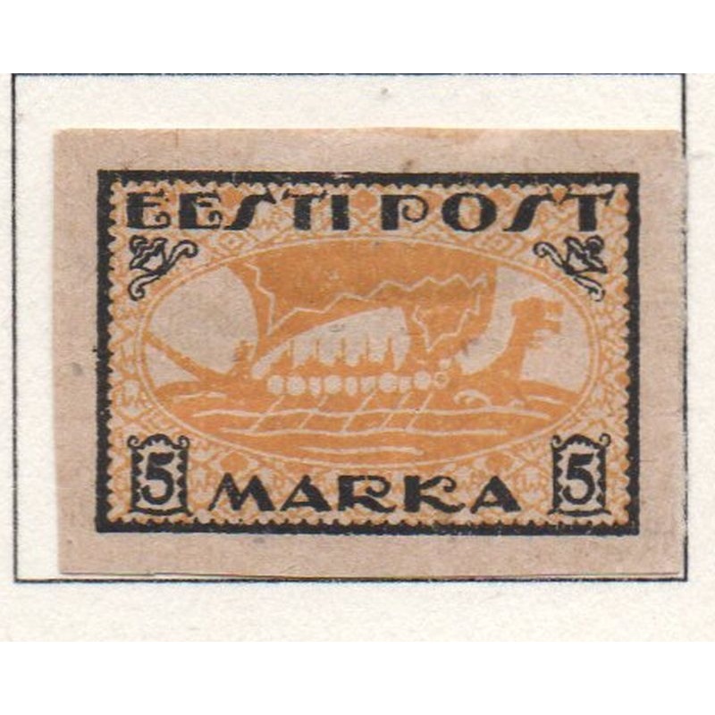 Estonia Sc 35 1919 5 m orange yellow & black Viking Ship stamp mint