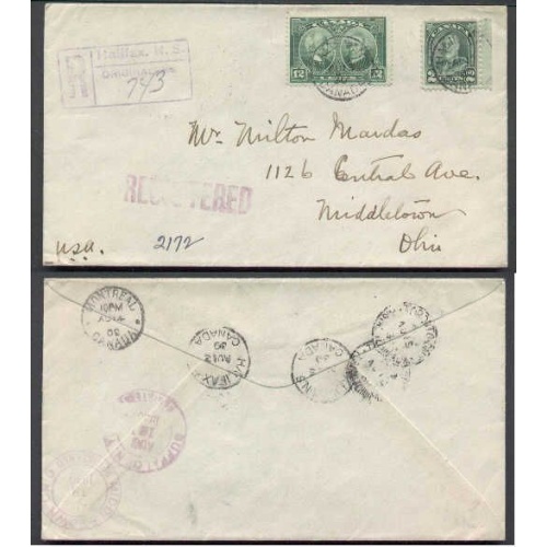 Canada-cover #4384-12c +2c KGV double weight reg'd-Halifax,NS