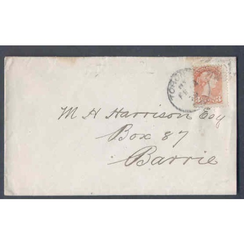 Canada-cover #9773-3c Small Queen-York Cnty-Toronto,Ont duplex-AM Fe 12 1879- B/S Barrie 9