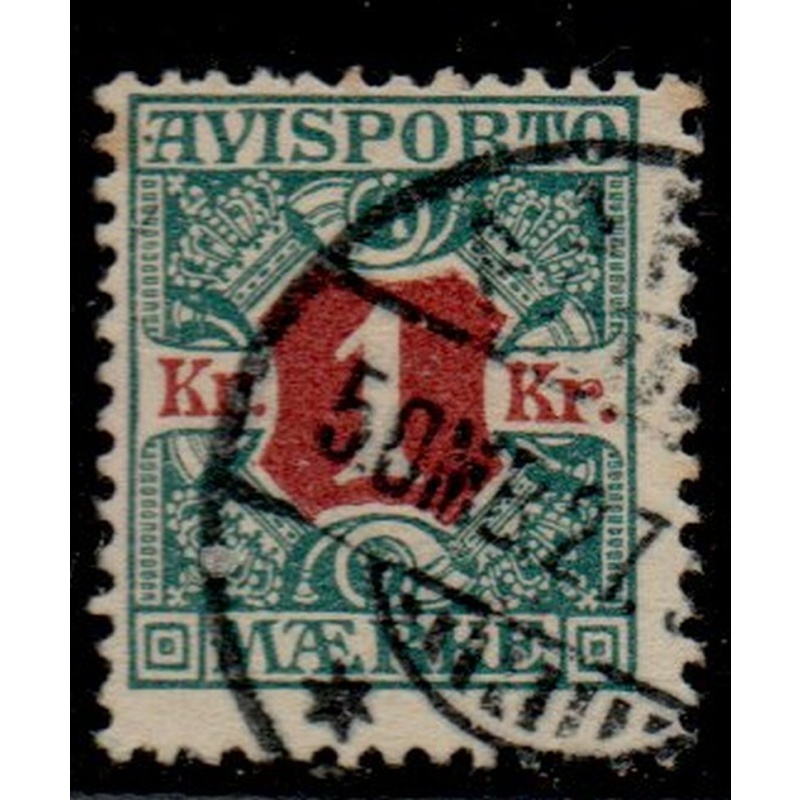 Denmark Sc P8 1907 1 Kr blue green & claret Newspaper stamp used