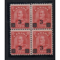 Canada Sc 191 1931 3 c on 2 c deep red G V stamp mint block of 4
