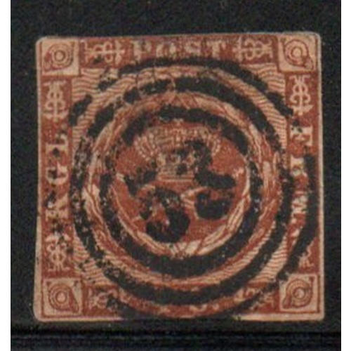 Denmark Sc 7 1858  4 sk yellow brown Royal emblems stamp used 3 ring 53 cancel