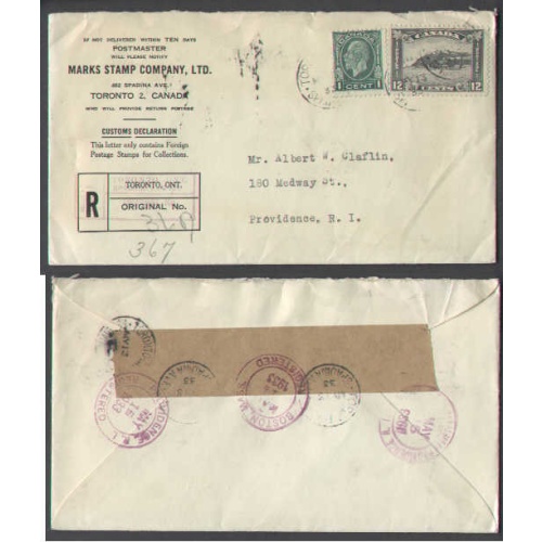 Canada-cover #4402 - 1c+12c reg'd-York Cty-Toronto,Ont-My 13 1933 - to USA