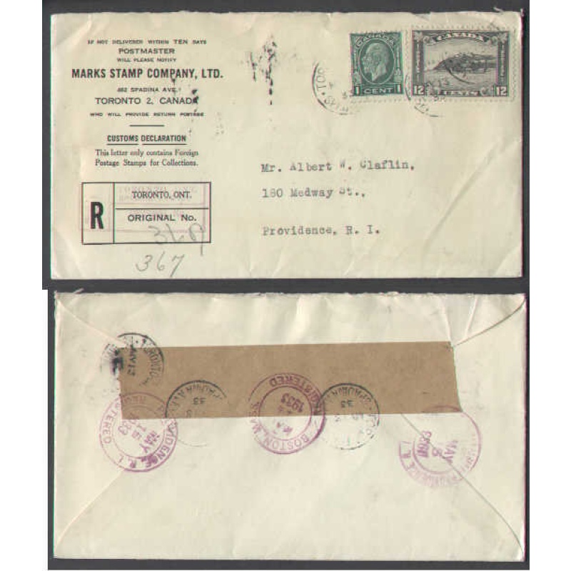 Canada-cover #4402 - 1c+12c reg'd-York Cty-Toronto,Ont-My 13 1933 - to USA