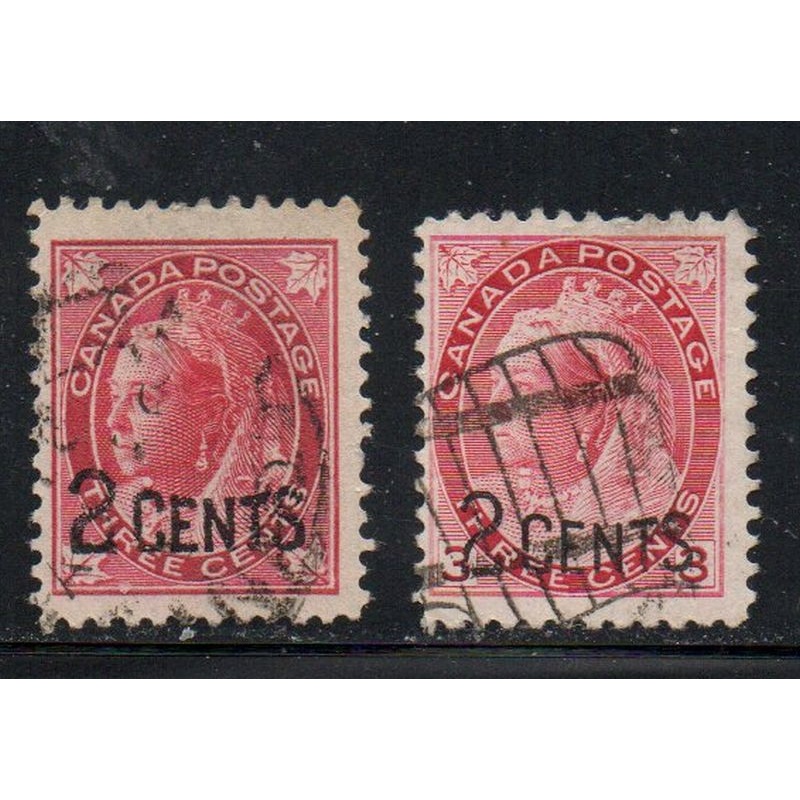 Canada Sc 87-88 1899 2 c on 3 c Victoria  stamp set  used
