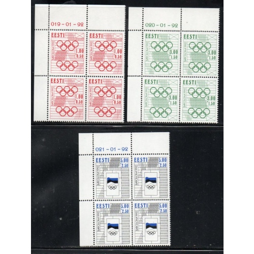 Estonia Sc B60-B62 1992 Olympics stamp set corner blocks of 4 mint NH