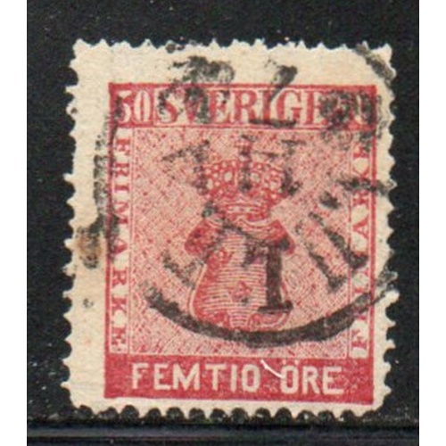 Sweden Sc 12 1858 50 ore rose Coat of Arms stamp used