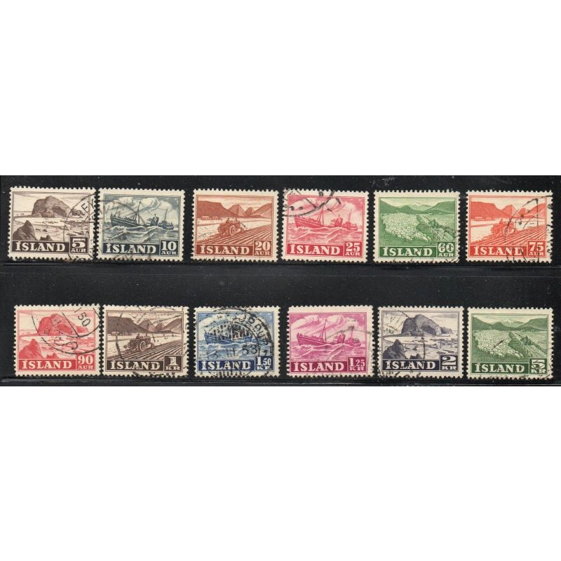 Iceland Sc 257-268 1950-54 trawler, plowing, sheep, harbour stamp set used