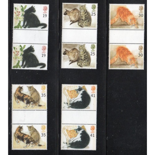 Great Britain Scott  1586-1590 1995 Cats stamp set mint NH Gutter Pairs