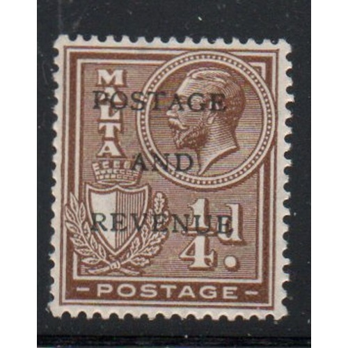 Malta Sc 148 1928 1/4d brown POSTAGE AND REVENUE overprint stamp mint