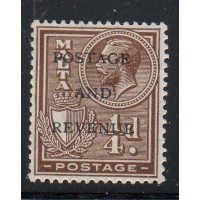 Malta Sc 148 1928 1/4d brown POSTAGE AND REVENUE overprint stamp mint