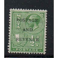 Malta Sc 149 1928 1/2d brown POSTAGE AND REVENUE overprint stamp mint