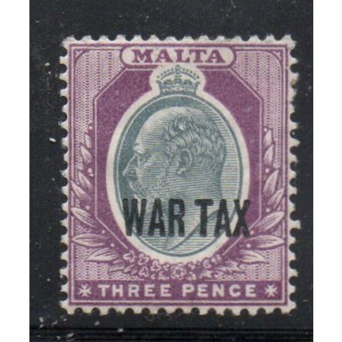 Malta Sc MR2 1918  3d E VII WAR TAX overprint stamp mint