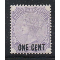 Mauritius Sc 89 1893  ONE CENT overprint on 2 c violet Victoria stamp mint