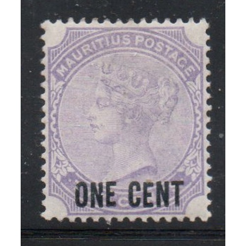 Mauritius Sc 89 1893  ONE CENT overprint on 2 c violet Victoria stamp mint
